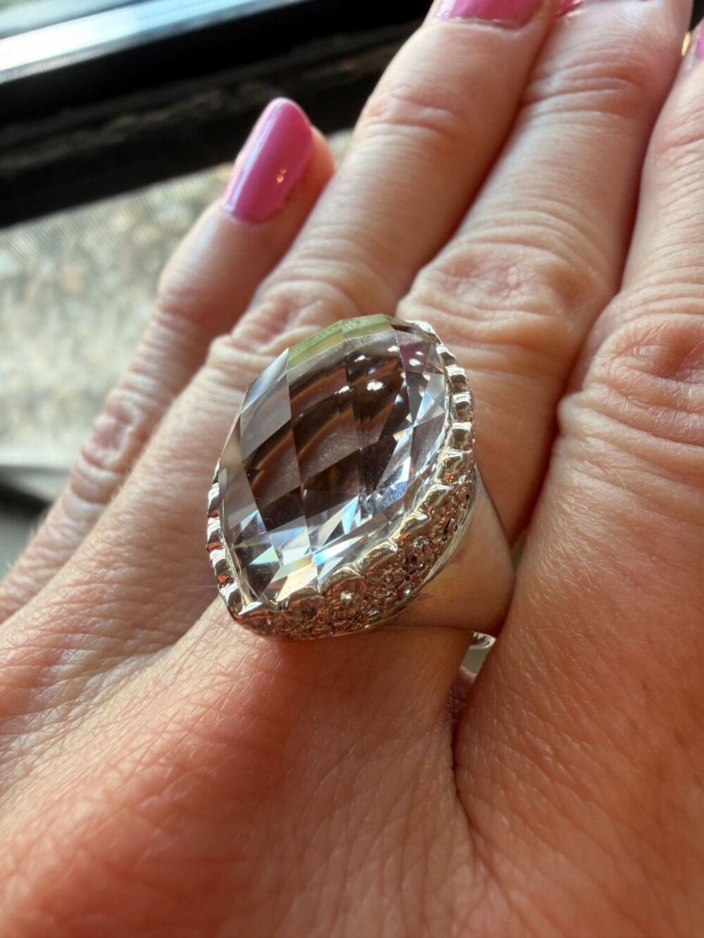 NIB Sterling Silver Checkerboard Cut Crystal Quartz Marquise Ring